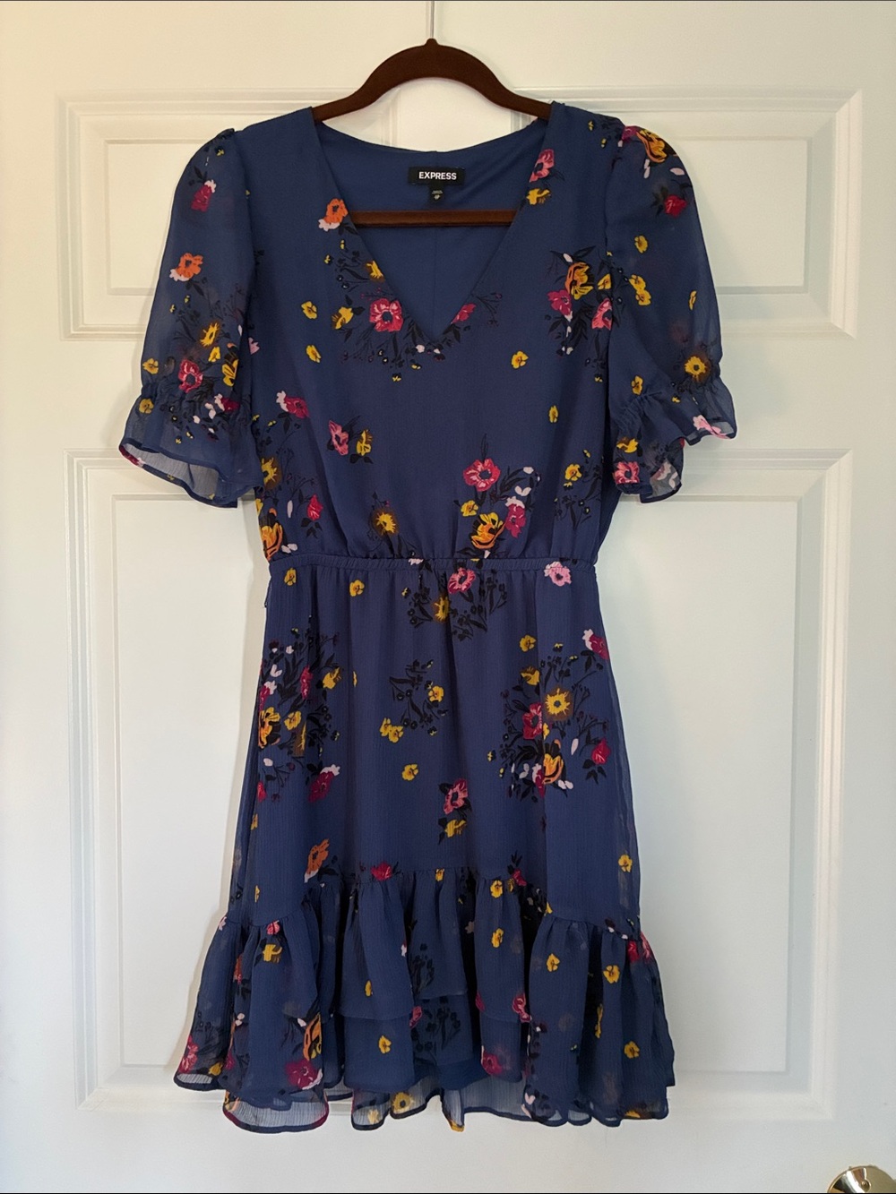 Express Navy Floral V-Neck Ruffle Hem Dress